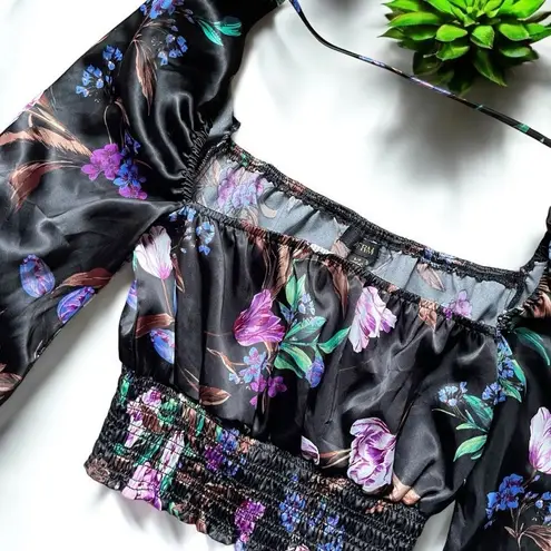 AFRM Florisa Satin Long Sleeve Smocked Top in Noir Bouquet Floral