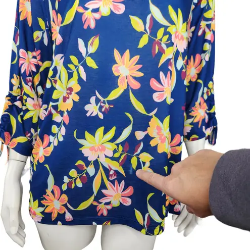 Caribbean Joe Women's Large Blue Floral Blouse 3/4 Sleeves Tie Detail NWT Cruise