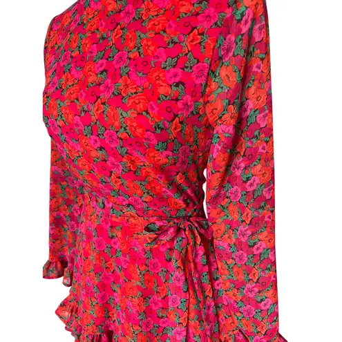 Mi Ami Red Floral Flounce Dress Junior Size S Belted Long Sleeve Lightweight