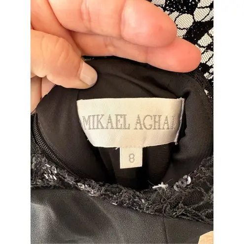 Mikael Aghal Elegant Black & White Satin Dress Crochet Embellished Top Size 8