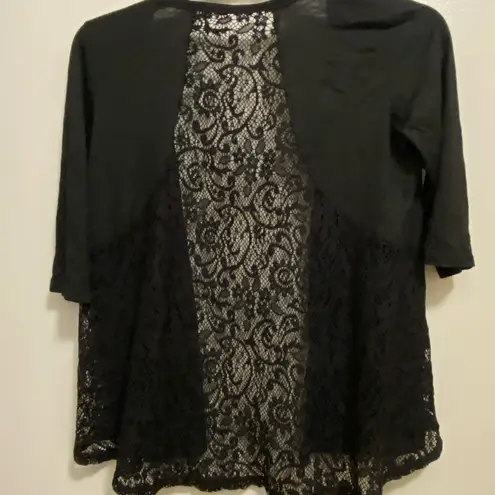 Womens Black Thin Open Cardigan Lace Back Top S Small Bust 34” 3/4 Sleeves