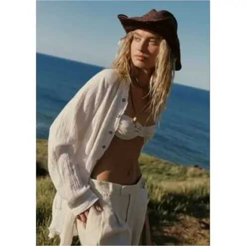 Free People  Summer Daydream Buttondown Top in Ivory Size Medium Gauze Oversized