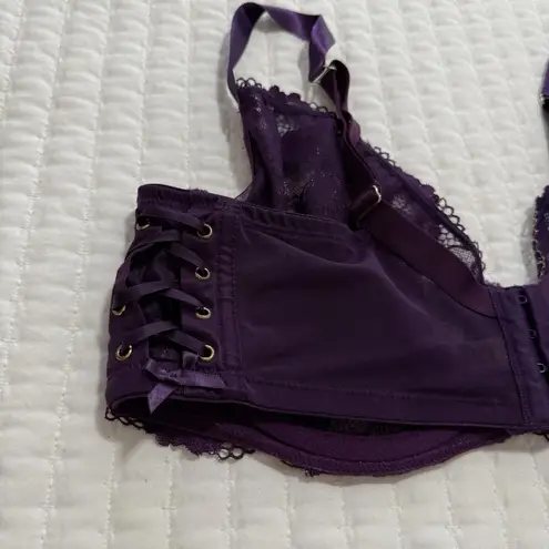 Cacique 40DDD Purple Floral Lace Metallic Unlined Balconette Bra Underwire