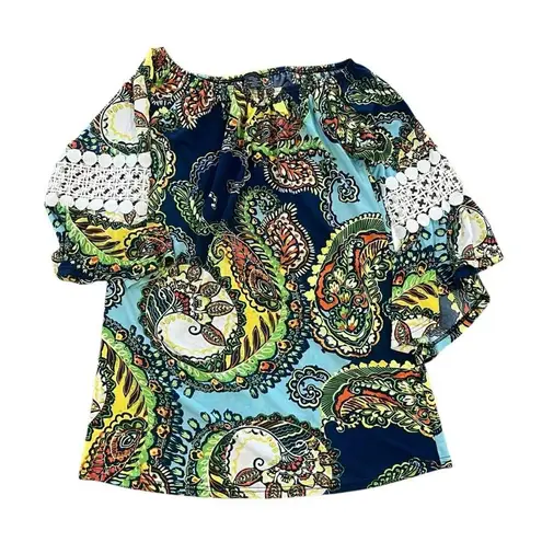 Win Win Womens Small Medium Multicolor Paisley Boho Pinwheel Sleeve Tunic Top