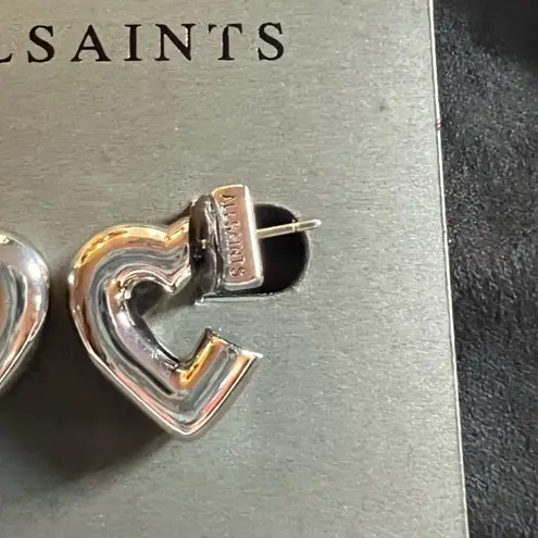 ALL SAINTS Small Silver Heart Huggie Hoop Chic Earrings Dust Bag Included