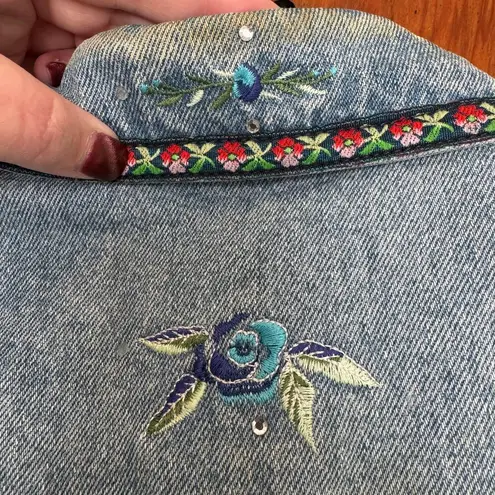 Bill Blass Vintage 90s Embroidered Floral Rhinestone Denim Vest M Cottage Garden