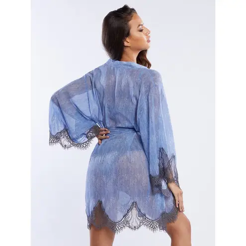 Savage x Fenty Womens Kimono Blue Lounge Lace Eyelet Belted Chiffon Robe M/L Size M