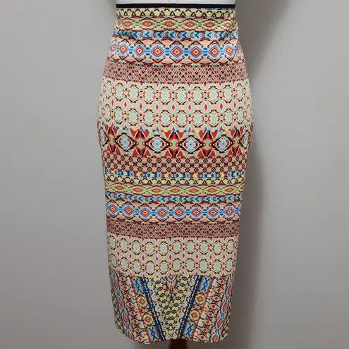 Bisou Bisou Orange Multicolored Aztec Side Slit Scuba Pencil Skirt Size XL