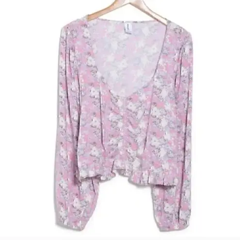 Abound NEW NWT  Cinched Floral Blouse Pink Cream Blue Long Sleeve Crop Top Medium