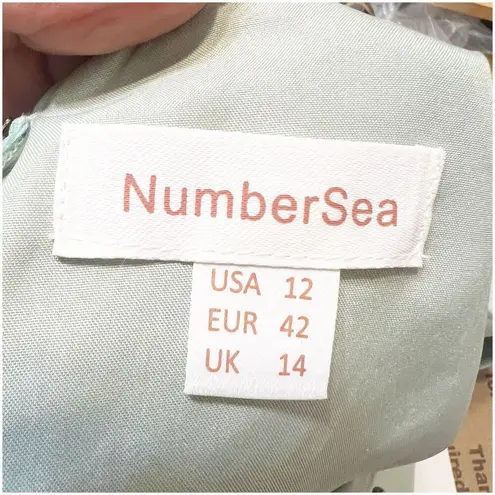 Number Sea Women’s Ruffled 3/4 Blouse Size 12 Seafoam Zipper Back Office Dressy Green