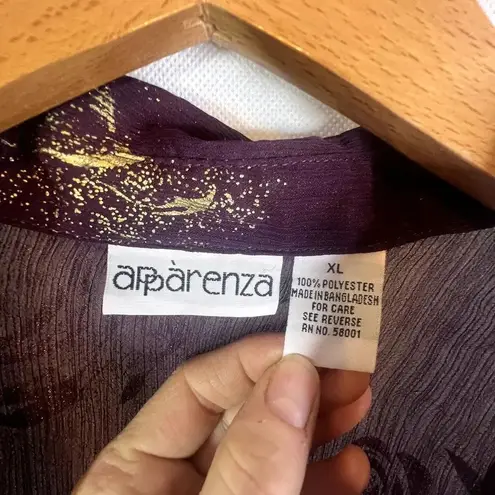 Apparenza Purple with Gold Metallic Roses Sheer Blouse Size XL