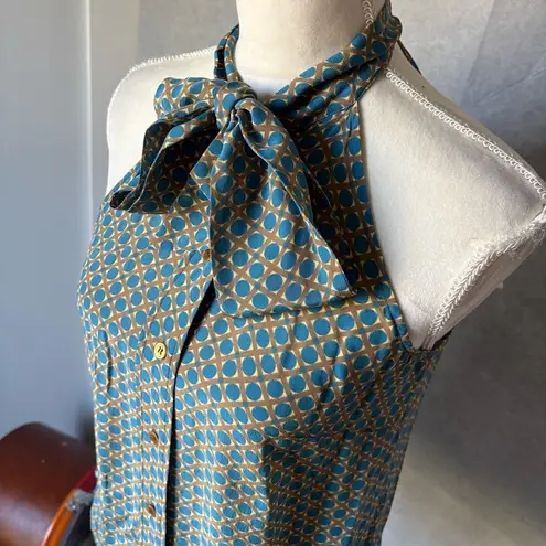 Girls From Savoy Halter Top Womens Size TWO Teal Geometric Silk Flowy Blue