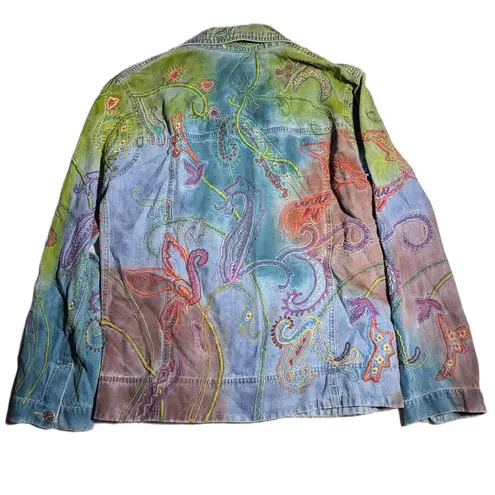 Vtg 1990s Chico's Watercolor Dye Floral Embroidered Blue Cotton Denim Jacket 1 M Size M
