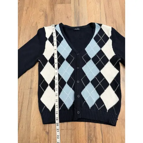 John Galt Argyle Cardigan Sweater Navy Blue Light Blue Preppy Women's Small