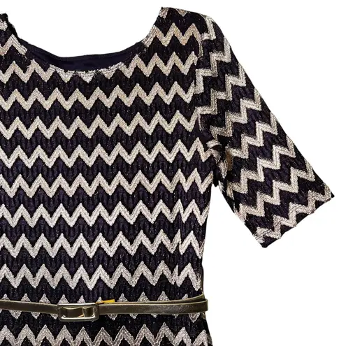 Connected Apparel Dress Womens 10 Black Gold Chevron Metallic Belted A-Line
