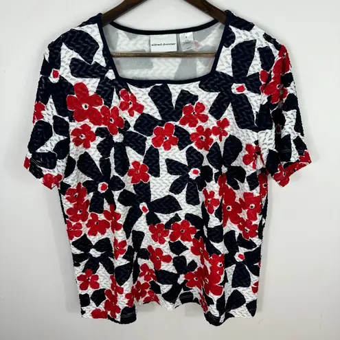 Alfred Dunner Textured Floral Top Womens M Navy Square Neck Retro Preppy Resort Blue Size M