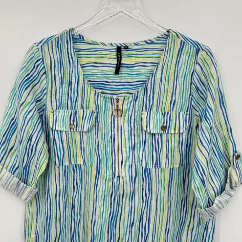 Cathy tunic M petite linen blend short tab sleeve zip front stripe beach resort Green Size M