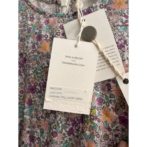 Zimmermann Women’s Carnaby Frill Short Linen Dress – Lilac Ditsy AU 0 US 4 New Purple