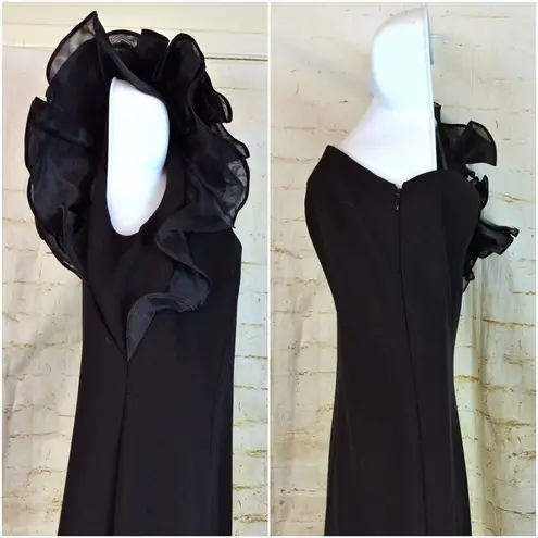 Aidan Mattox Gown Womens 6 Black One Shoulder Organza Sleeve Mermaid Evening NWT