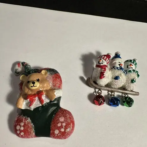 Christmas Holiday Brooch Pins Lot Of 2 Snowman / Teddy Bear In Stocking