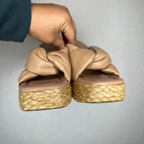 Marc Fisher LTD Women's 10 Navina Puffy Wedge Platform Raffia Espadrille Sandals Tan