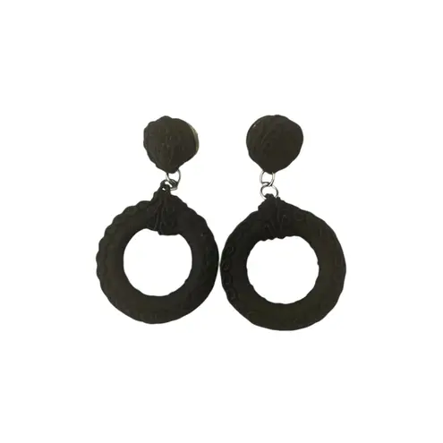 VTG Decorative Black Textured Fabric Knot Circular Dangle Earrings