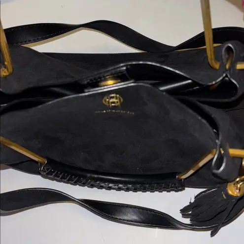 HOUSE OF HARLOW 1960 BLACK SUEDE BAG WITH SHOULDER STRAP AND GOLD TONED HANDLE