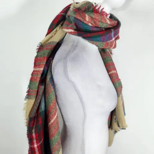 Plaid Wrap with Fringe One Size Tan, Green, and Red Plaid Preppy Wrap Tan