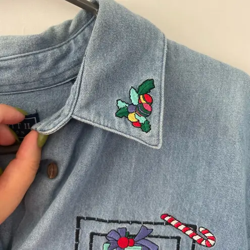 Karen Scott Blue Embroidered Vintage Christmas Button Down Denim Shirt 1X