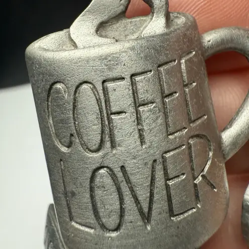 Signed JJ Coffee Lover Cup With Spoon Charm Dangle Brooch Pin Jonette Jewelry Silver