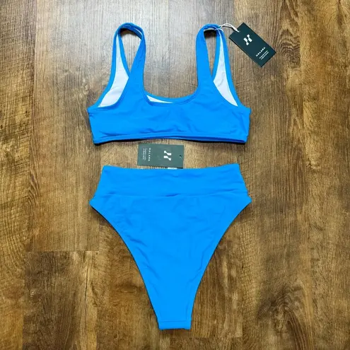 Halara NWT Matching Bikini Swimsuit Sz Small Sky Blue Crossover Waist Scoop Neck