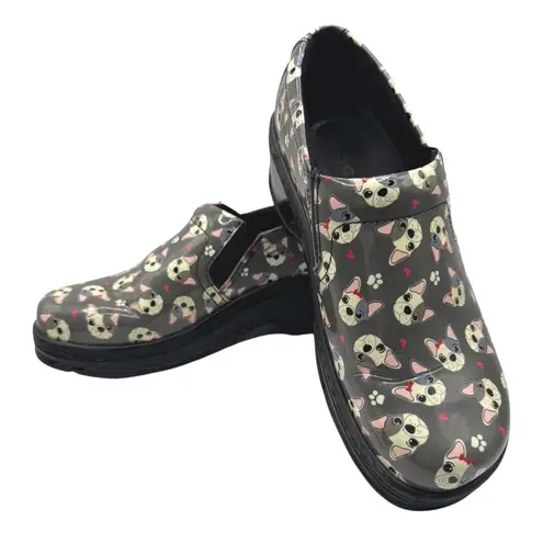 Klogs Shoes Women 8.5 Gray Naples French Me Bulldog Patent Leather Clogs
