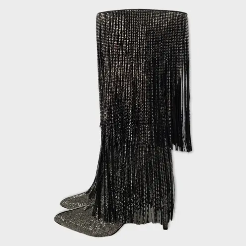 INC International Concepts Is Black and Silver Bling Fringe Heeled Boots Sz 7.5M