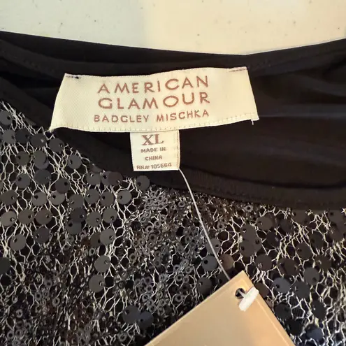 American Glamour Badgley Mischka Sequin Top Blouse Black Sheer Long Sleeves XL