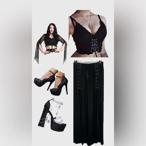 Indah Black lace up side slit skirt w/ elastic waist & lace up side detail XS