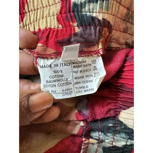 Benetton Floral Print Pant Sz 42 Elastic Waist 100% Cotton Made In Italy festive Red