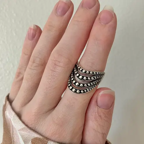 Vintage Knuckle Oxidized Ball Ring “Bronya” Four Shank Chevron Swoop Boho Goth Jewelry Silver