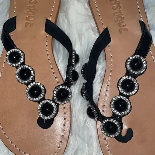 Mystique Boutique Handmade Black patent and Rhinestone Beaded Flip Flop Sandals