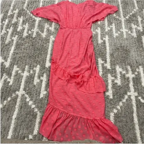 SALONI Rose Polka Dot Ruffled Coupe Silk Midi Dress sz 0 Pink