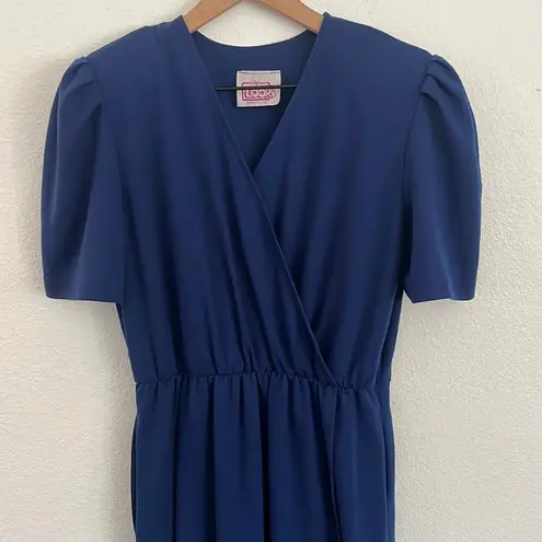 Vintage Blue  Wrap Dress 10 Petite Midi Knee Length Navy Blue Capsule Neutral