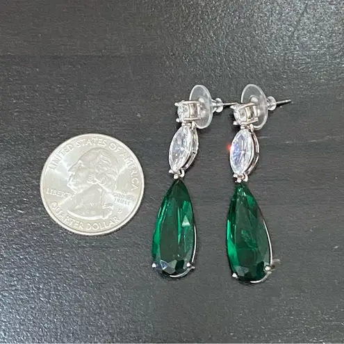 Signed Teardrop Lab Emerald Silvertone Drop Earrings