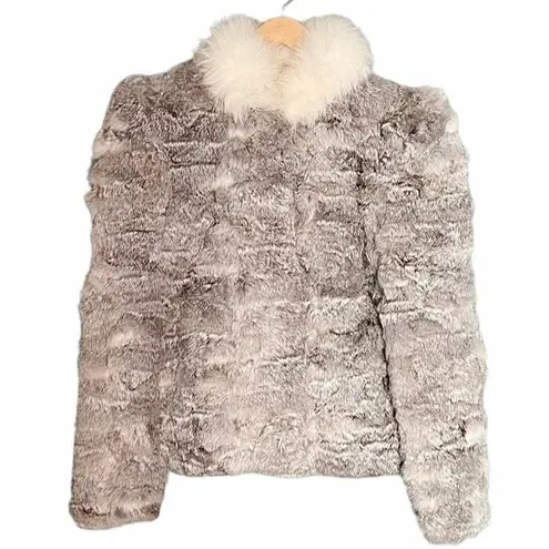 Vintage 80s Rabbit Fur Fox Tail Short Jacket Coat Made in Hong Kong Size Medium Gray