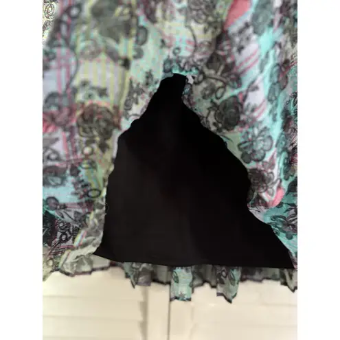 Olsenboye Black/Teal Floral A-Line Chiffon Ruffle Mini Skirt Size 7 Side Zip