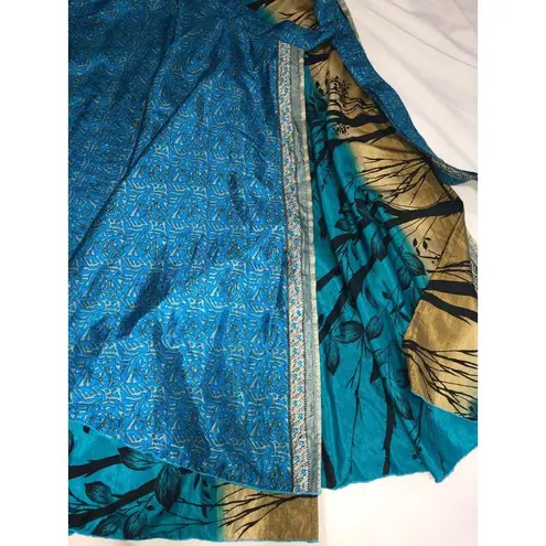 Wevez Blue Gold Double Wrap Skirt Sari L OS Silk Reversible India Midi Maxi Long Size undefined