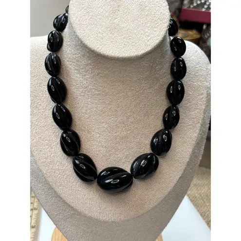Vintage Japan Black Glass Bead Necklace With Graduated Oval Beads & Adjustable C