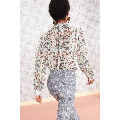 Ulla Johnson Edith Blouse Gardenia Floral Metallic Silk Button Front Bow Size 6