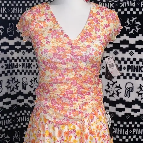 BCX dead stock tropical floral print babydoll runched top with floral midi skirt