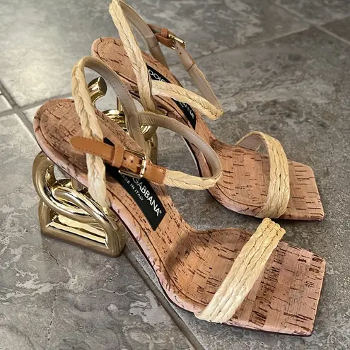 Dolce & Gabbana Logo Heel Ankle Strap Sandals in Gold Tan, New in Box