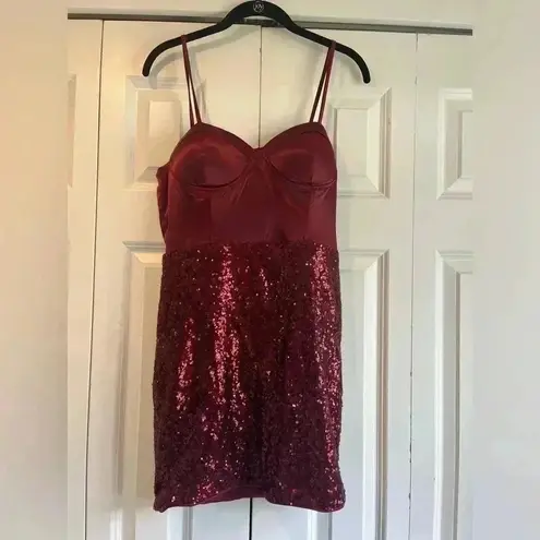 Dance in the Spotlight Burgundy Satin Sequin Bustier Mini Dress Size M B25 Red Size M