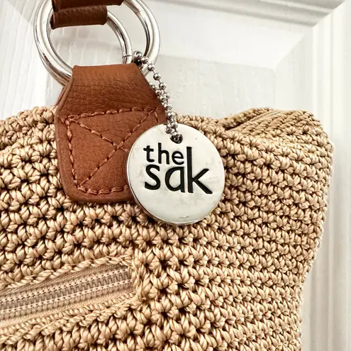 The Sak Solid Beige Crochet Cambria Shoulder Tote Top Zip Rope Straps Tan Trim